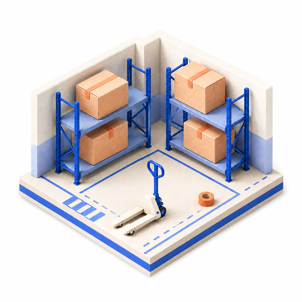 Illustrated blue warehouse shelving with carefully organized cartons